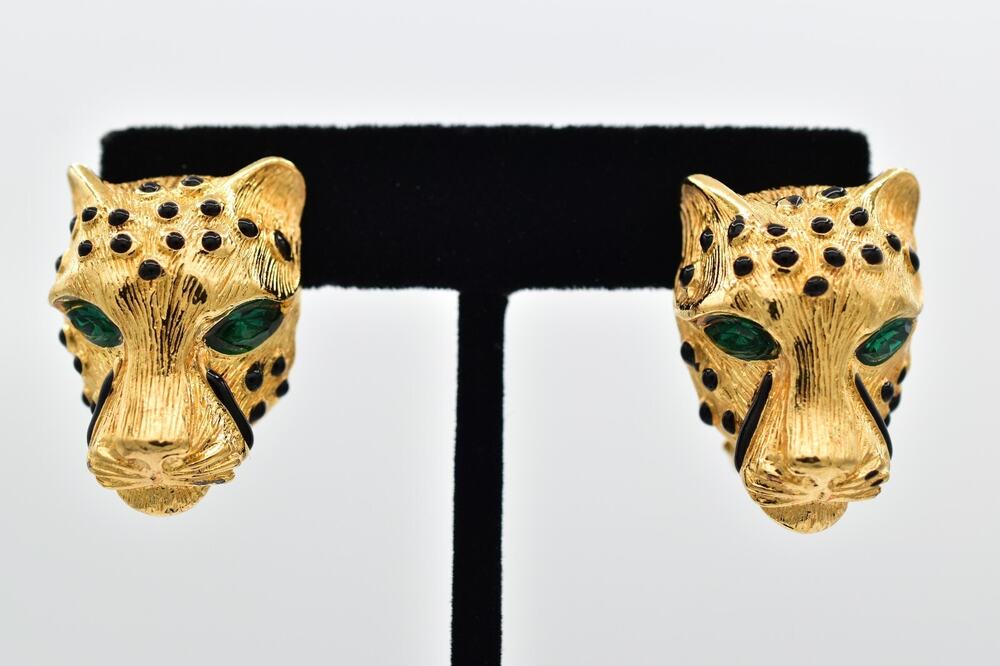 Alexis Kirk Vintage Leopard Clip On Earrings Green Crystal Gold Signed 1980s 9I